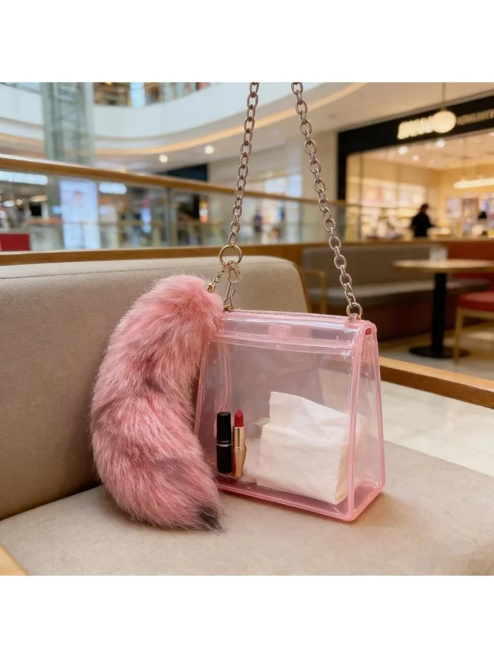 Women's Pink Fluffy Fox Tail Cosplay Keychain Birthday Party Costume Handbag